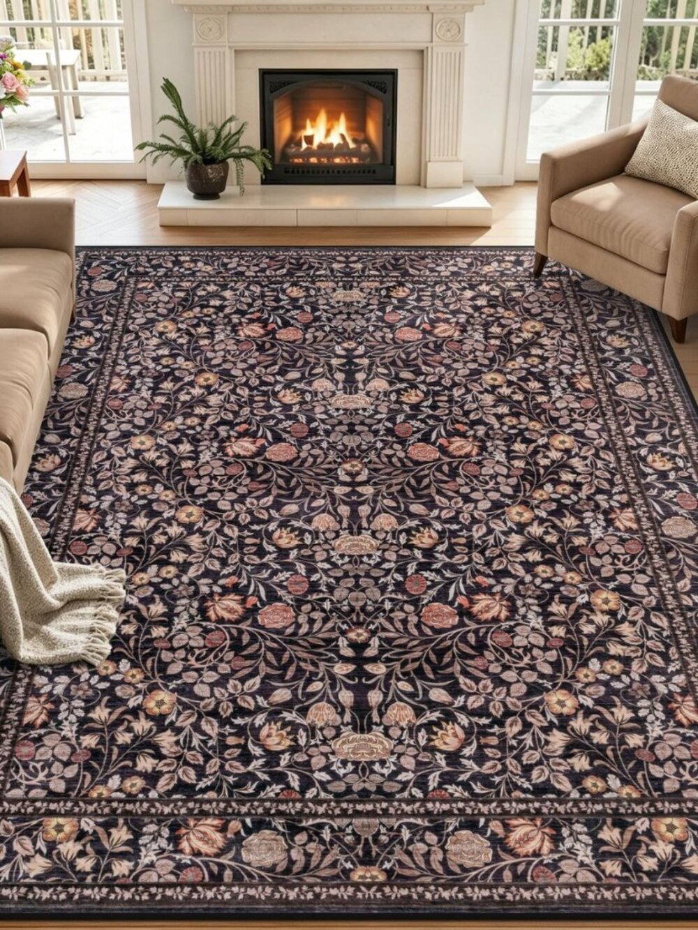 5x7 Area Rug Living Room: Soft Floral Washable Boho Carpet Brown